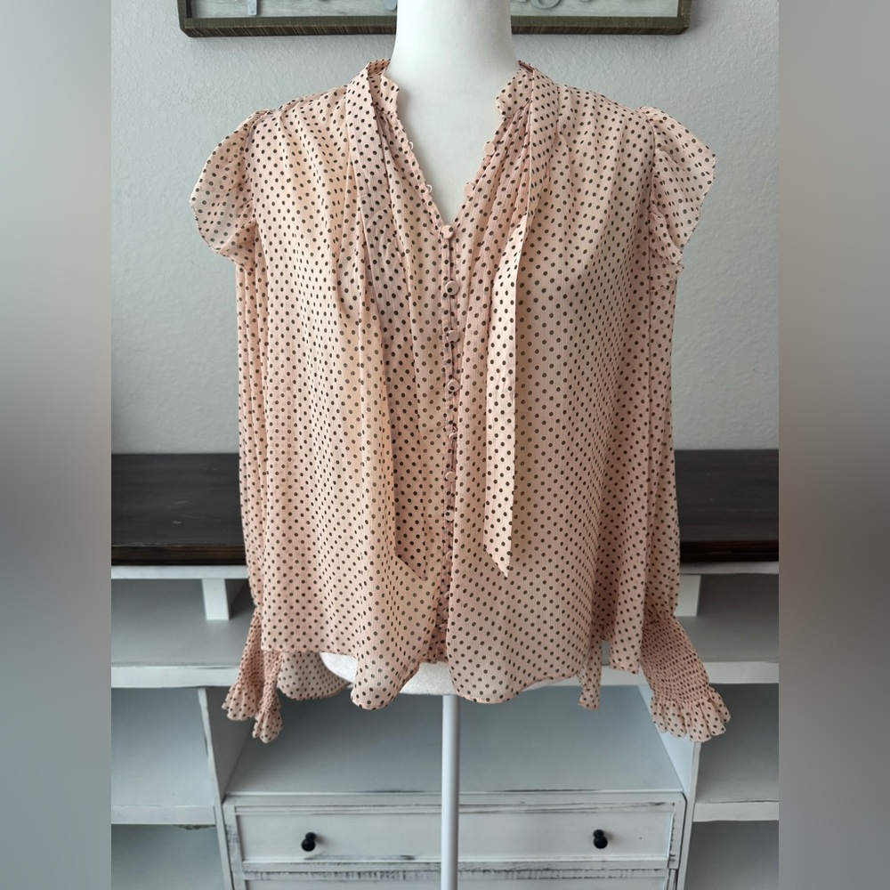 New AllSaints Lara Polka Dot Blouse Blush Pink Sheer‎ Button Front Top Size 2 N
